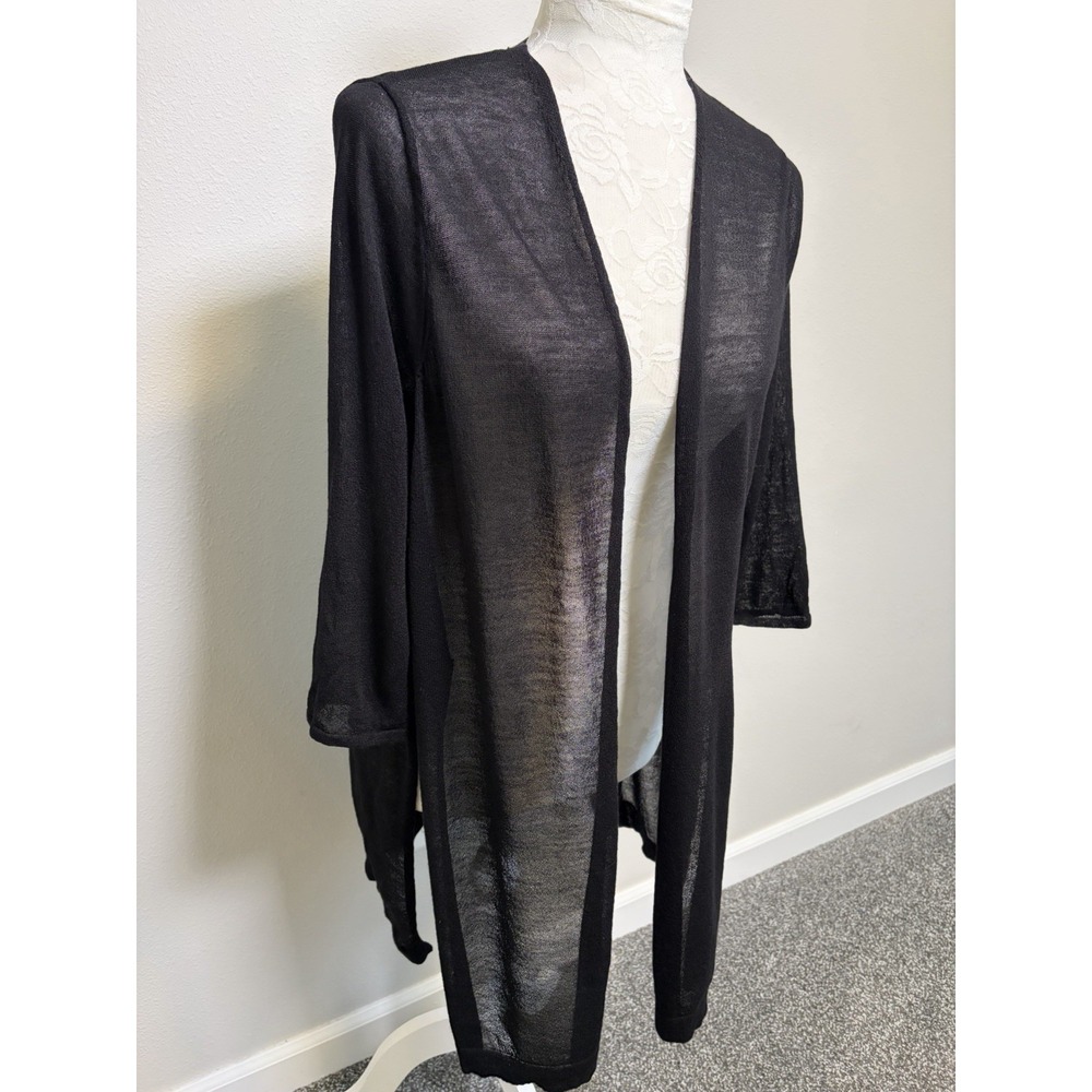 Chico's  Black Long Open Front Cardigan Sweater Sz M 3/4 Slv Tissue Thin Capsule